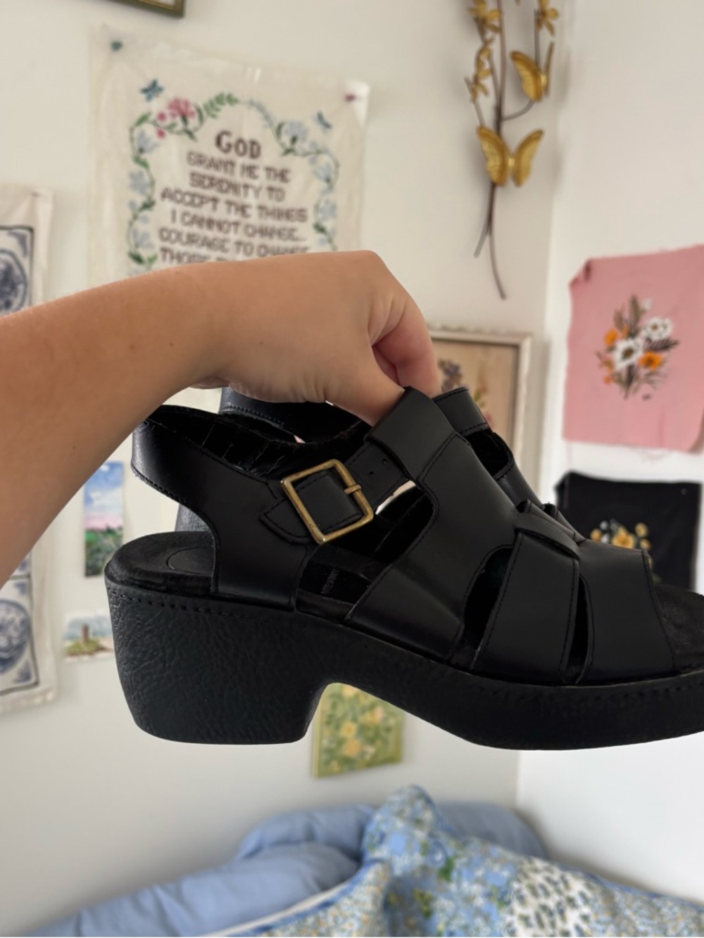 Black leather Women's Platform Fisherman Sandals - Picture 2 of 9